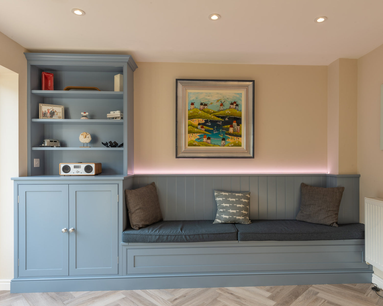 Kitchen combined storage, display unit with lift up bench seat